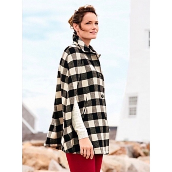 Talbots Buffalo Check Wool Cape Black & White Medium - Picture 3 of 10